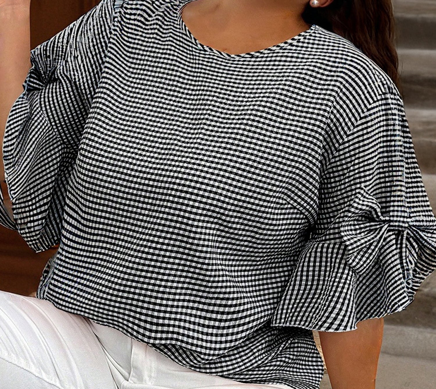 Plus Size Plaid Bow Bell Sleeve Top