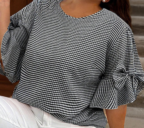 Plus Size Plaid Bow Bell Sleeve Top