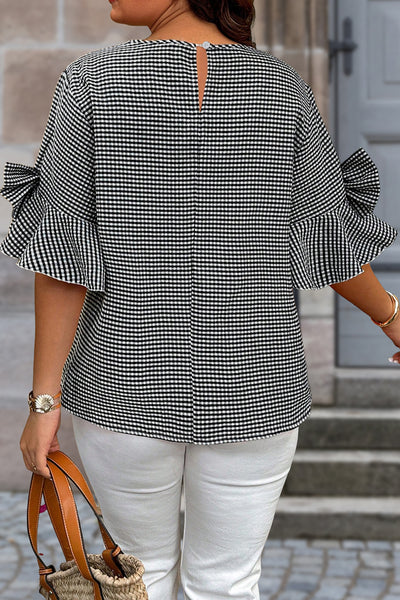 Plus Size Plaid Bow Bell Sleeve Top