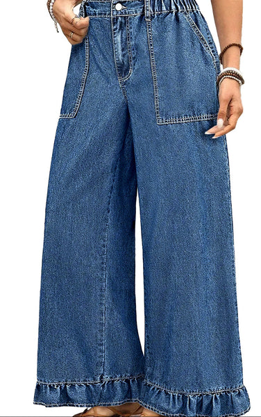 Plus Size Ruffled Wide Leg Denim Pants