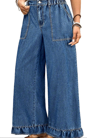 Plus Size Ruffled Wide Leg Denim Pants