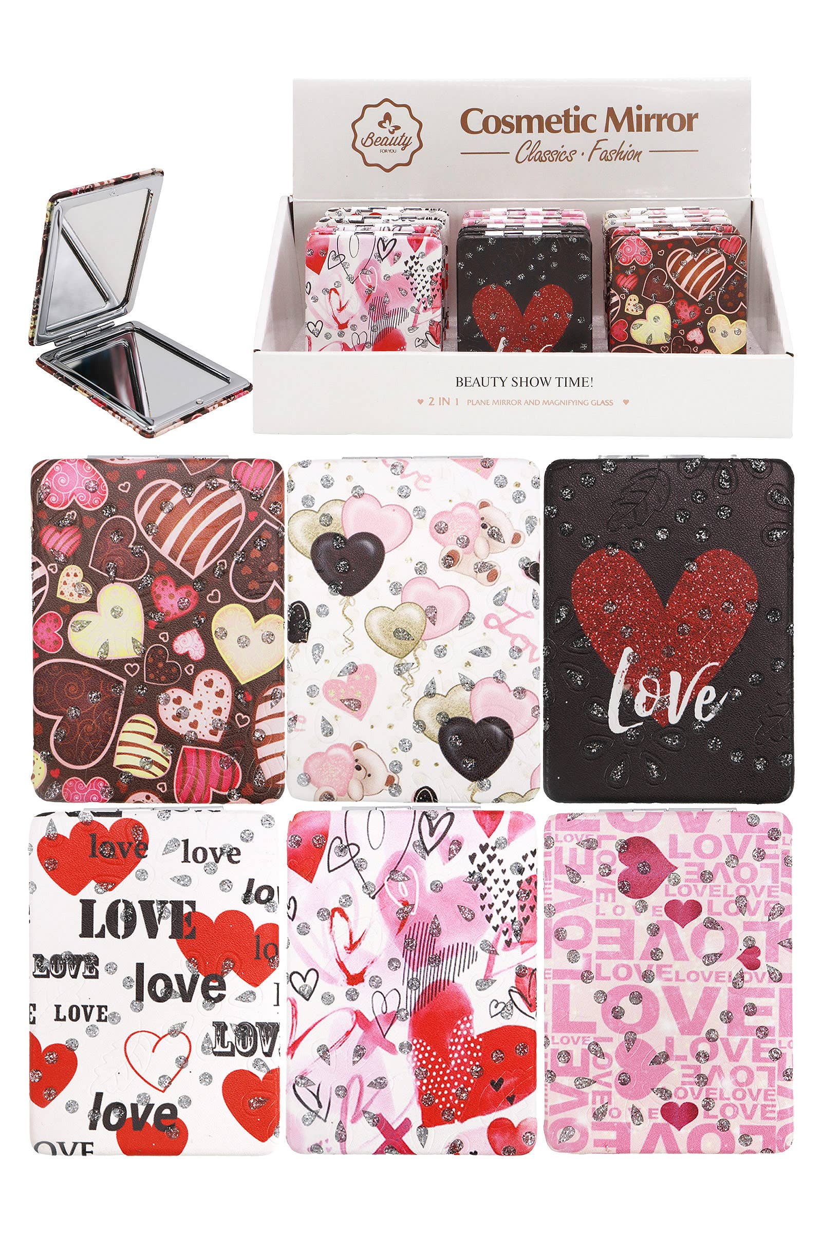 Valentine's Love Print Glitter Compact Mirror