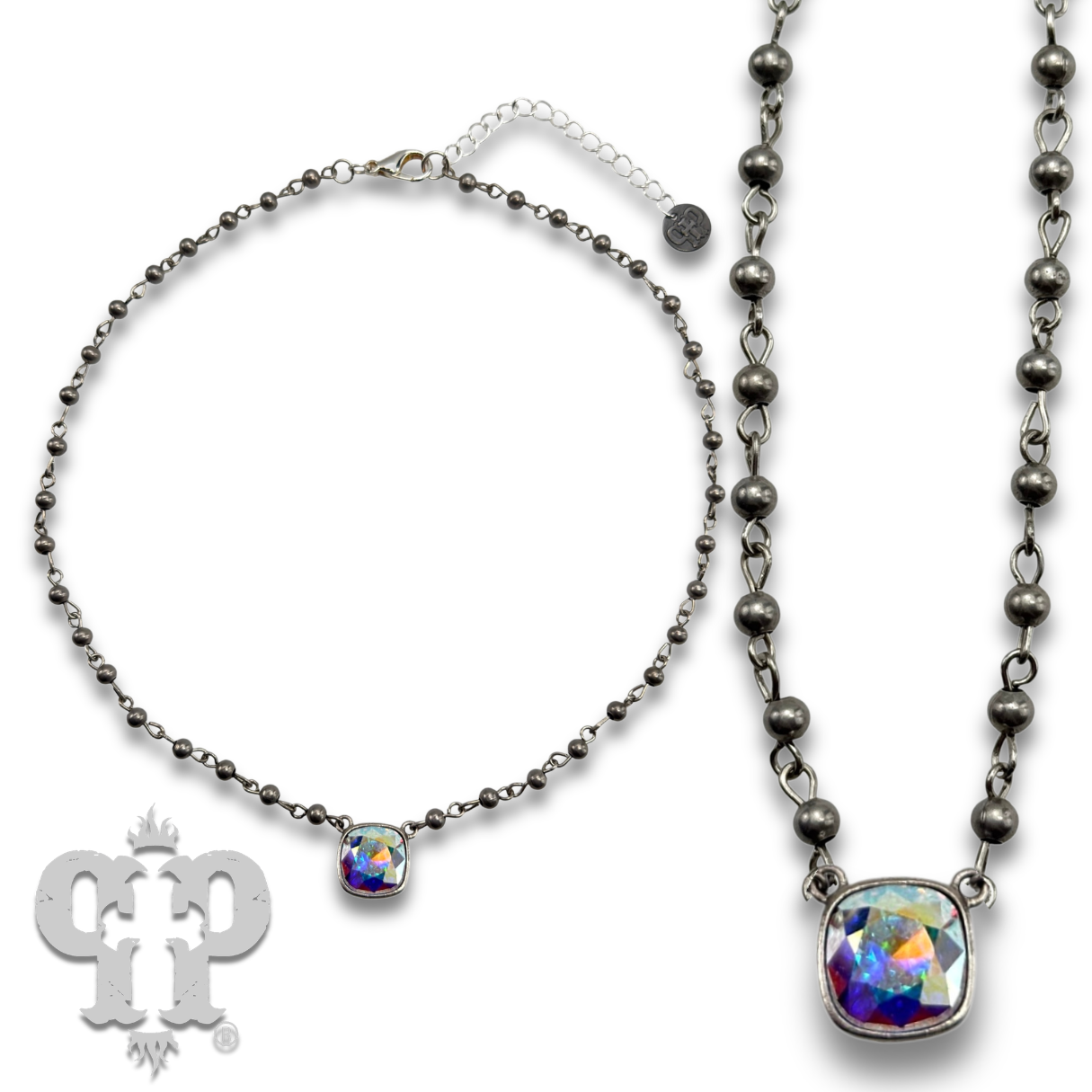 Austrian square crystal linked bead necklace, 12mm