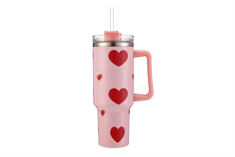 Red Heart Themed Pink 40 oz Tumbler Cup