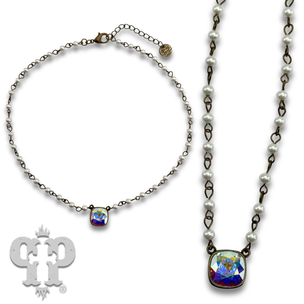Austrian square crystal linked bead necklace, 12mm