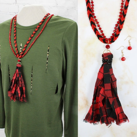 Red Plaid Tassel Necklace