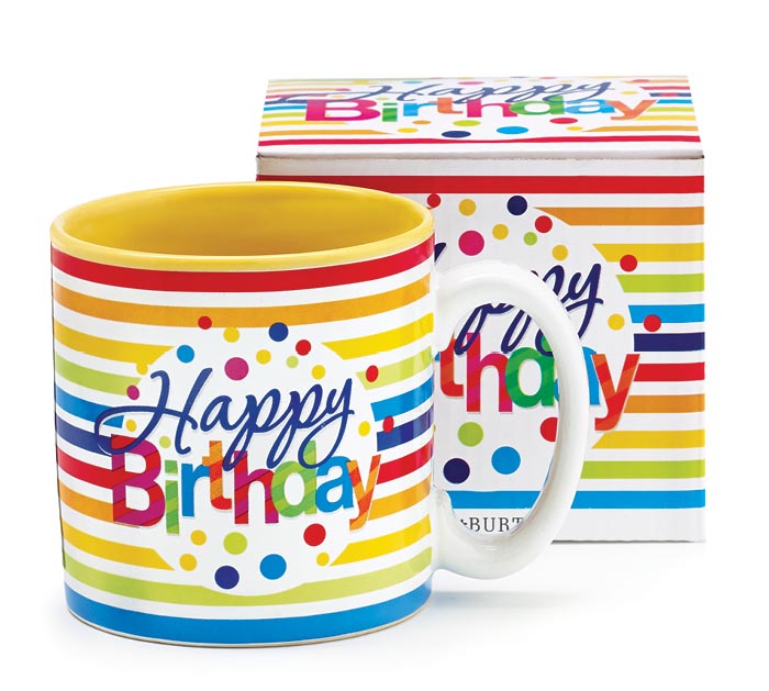 HAPPY BIRTHDAY STRIPES CERAMIC MUG W/BOX
