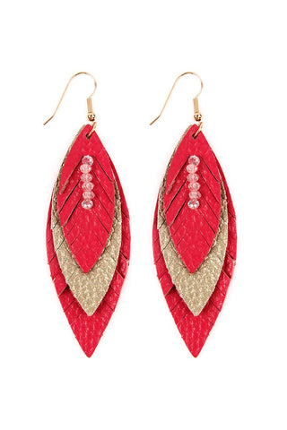 THREE LAYER FRINGED LEATHER MARQUISE EARRINGS